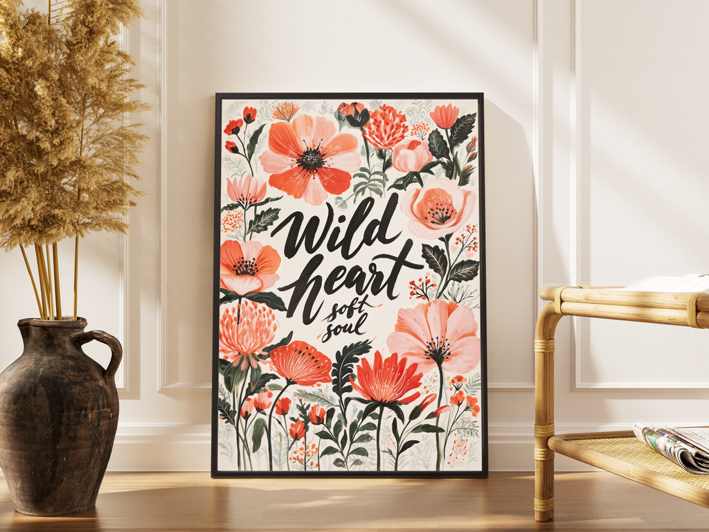 Wild Heart Soft Soul – Blumen Zitat Wanddekoration Geschenk Boho | Handlettering-Kunstdruck – gerahmtes Poster kaufen