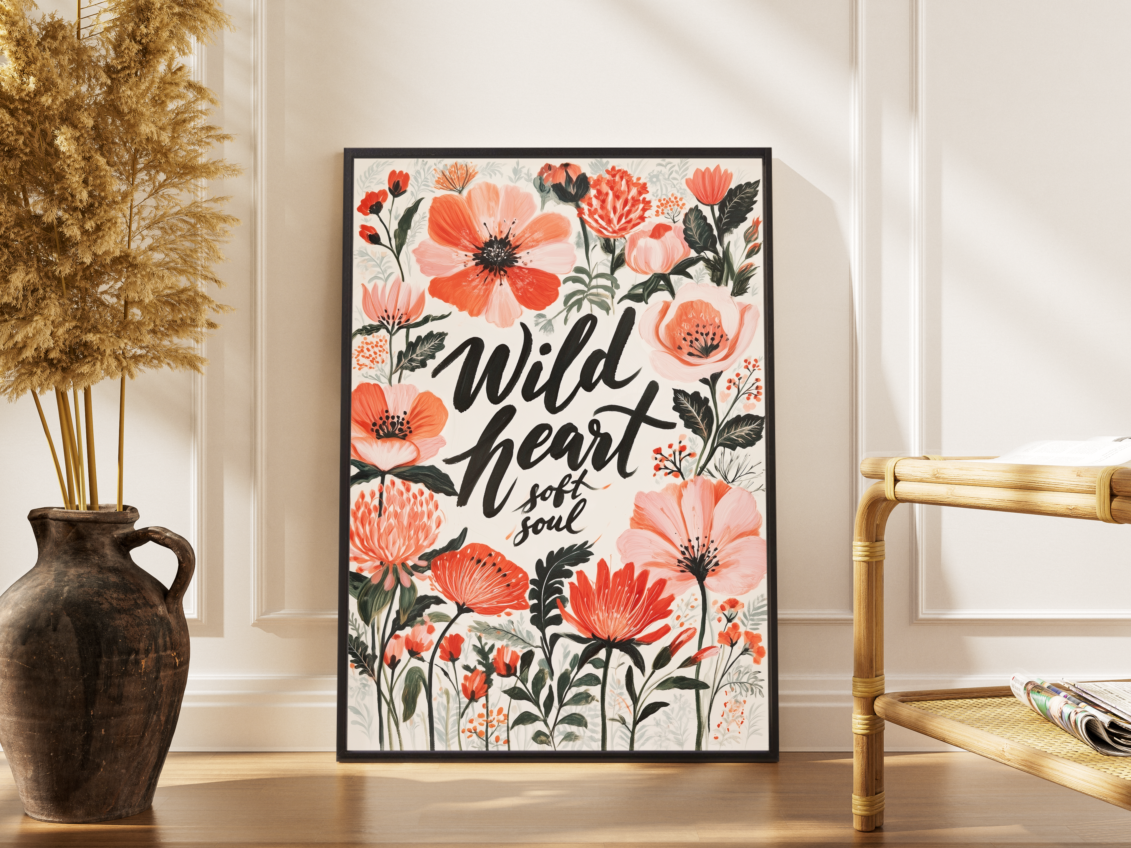 Wild Heart Soft Soul – Blumen Zitat Wanddekoration Geschenk Boho | Handlettering-Kunstdruck – gerahmtes Poster kaufen