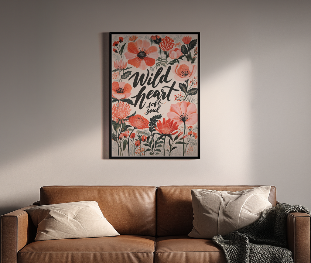 Wild Heart Soft Soul – Mohn Anemone Zitat Boho Blumenillustration | Stickerei-Optik Kunstdruck – Wandbild über braunem Ledersofa