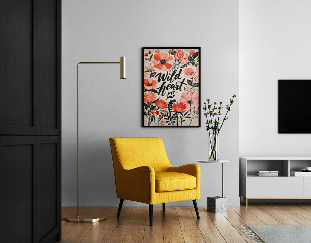 Wild Heart Soft Soul – florales Zitat-Poster Boho Wildblumen | Vintage-Botanical-Kunstdruck – Wandbild im modernen Wohnzimmer