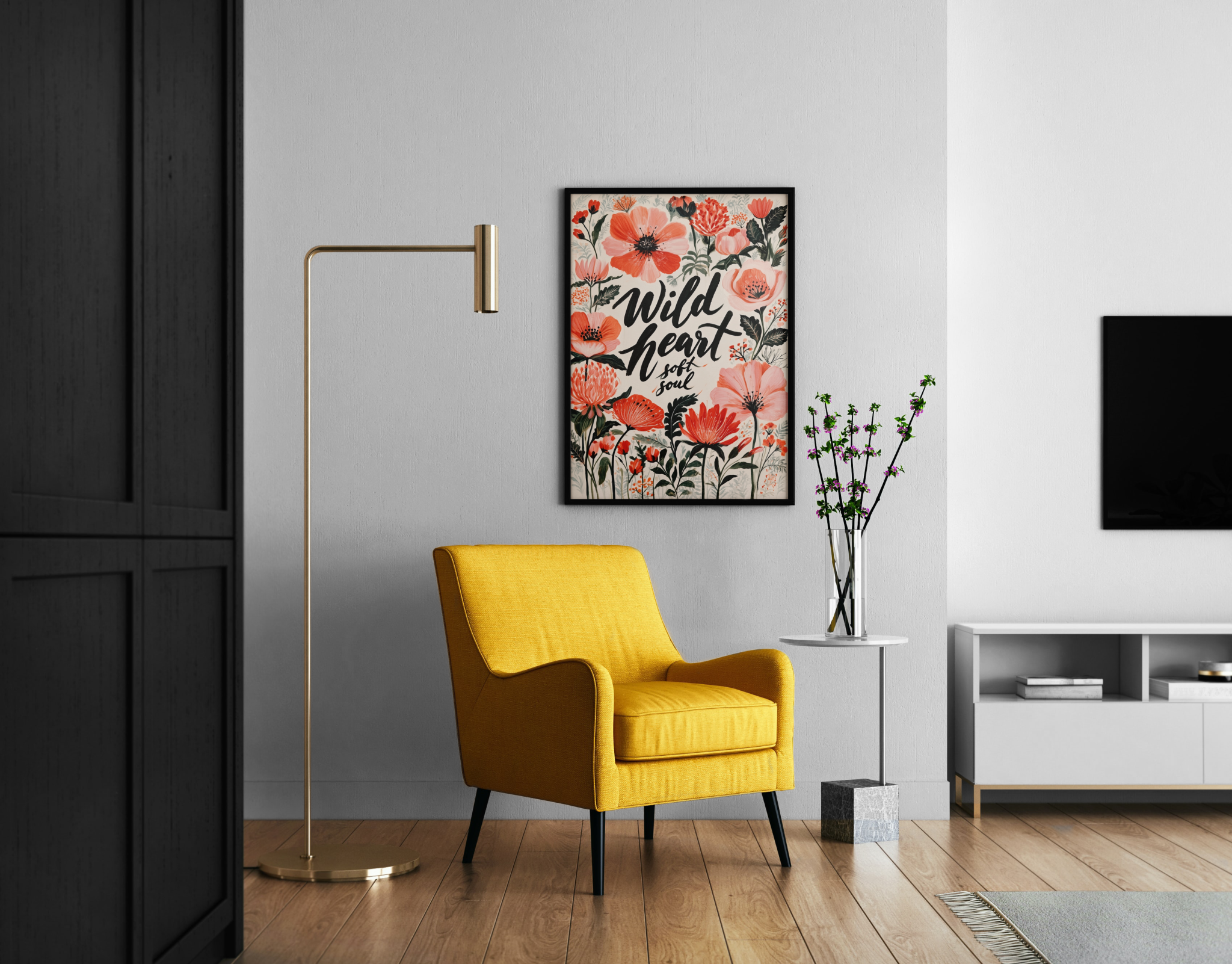 Wild Heart Soft Soul – florales Zitat-Poster Boho Wildblumen | Vintage-Botanical-Kunstdruck – Wandbild im modernen Wohnzimmer