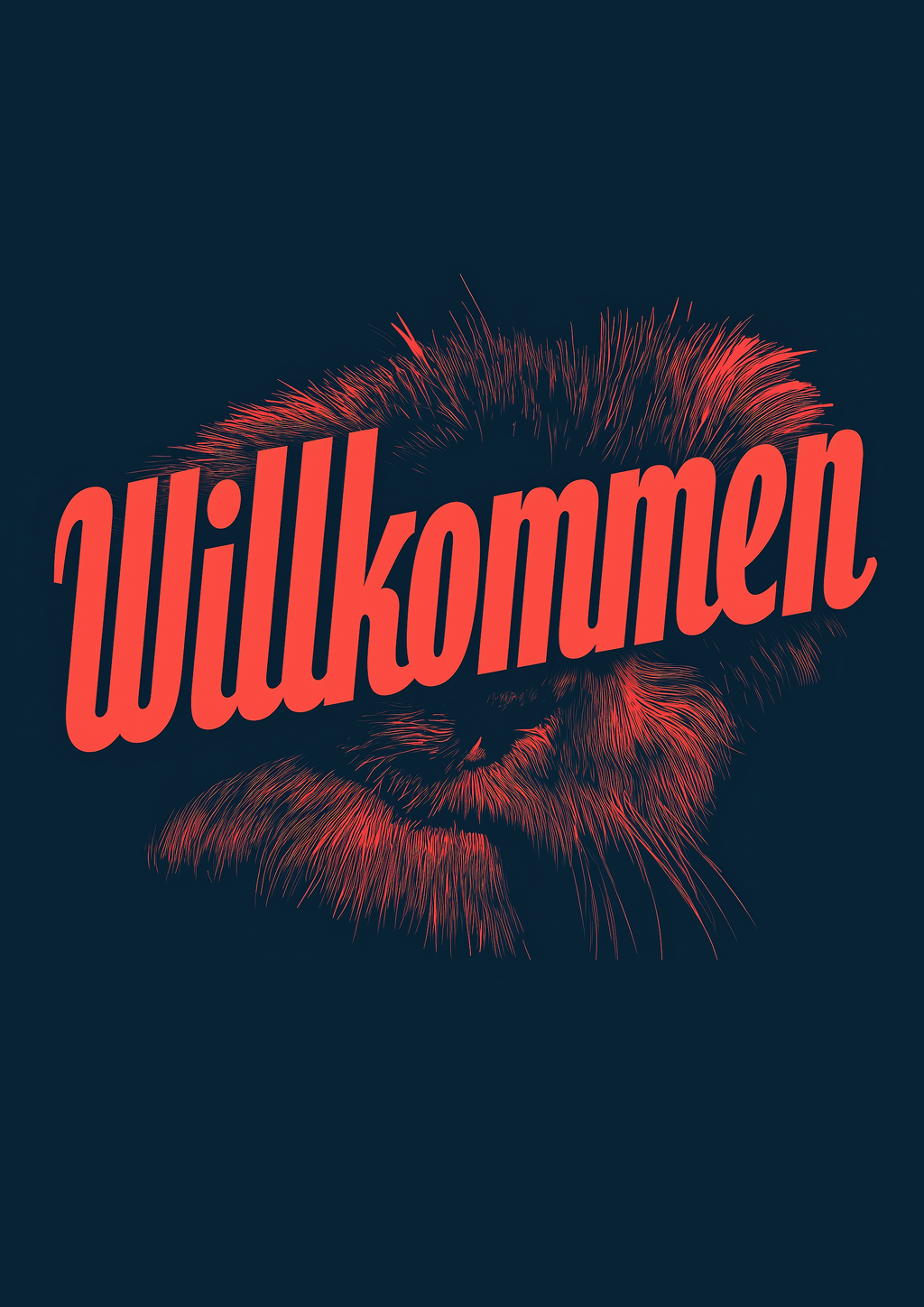 Willkommen – Löwe Gravur coral auf navy | Siebdruck-Optik – eleganter Kunstdruck