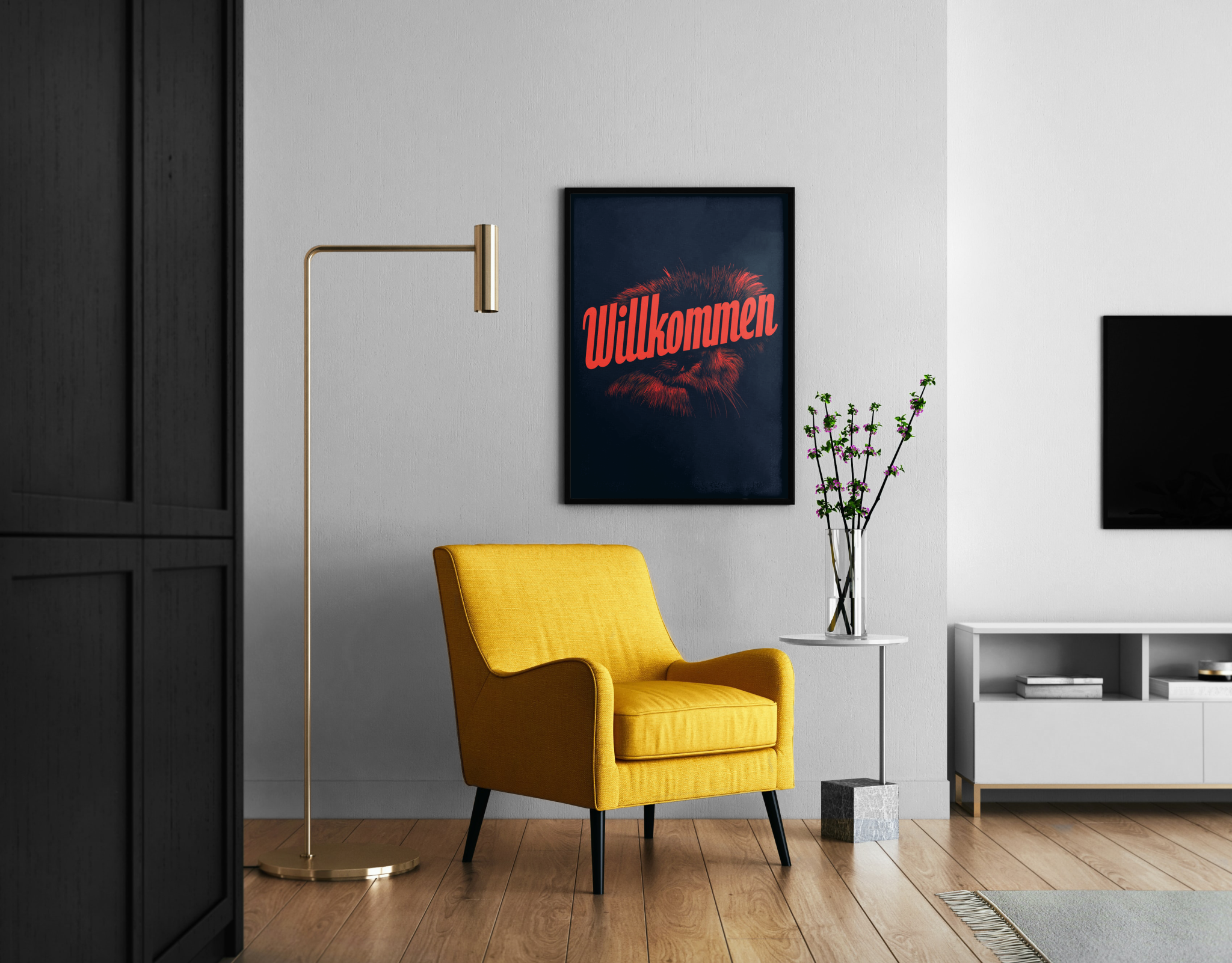 Willkommen – Löwe Schriftzug Wanddekoration navy | Linolschnitt-Kunstdruck – Wandbild im modernen Wohnzimmer