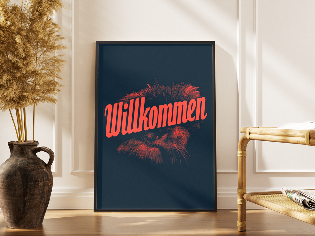 Willkommen – Löwen-Lettering coral Fine Art Poster | Linolschnitt-Druck – gerahmtes Poster kaufen