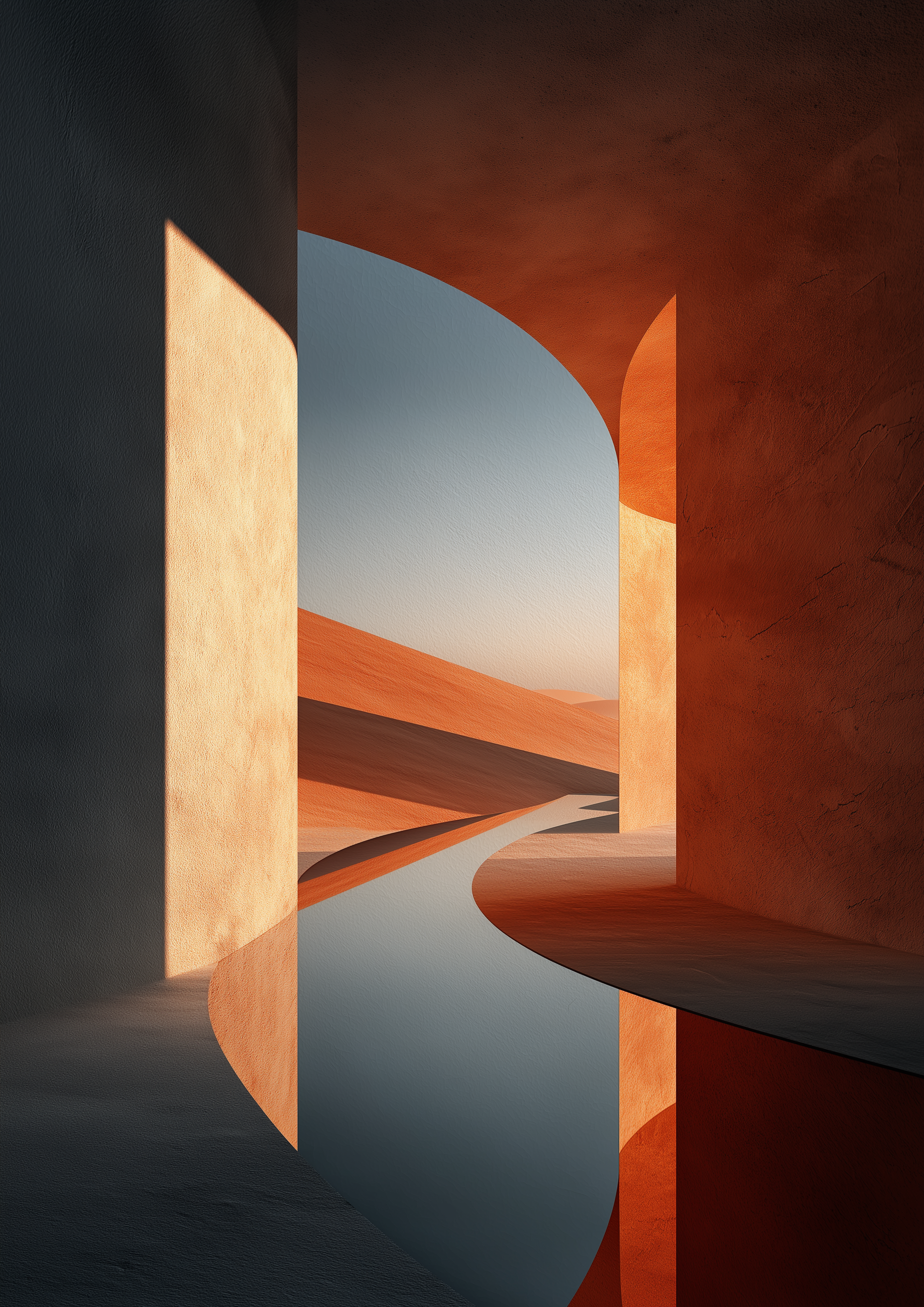 Terrakotta-Architektur mit Rundbogen und Wüstenlandschaft im Abendlicht – minimalistischer Fine Art Kunstdruck