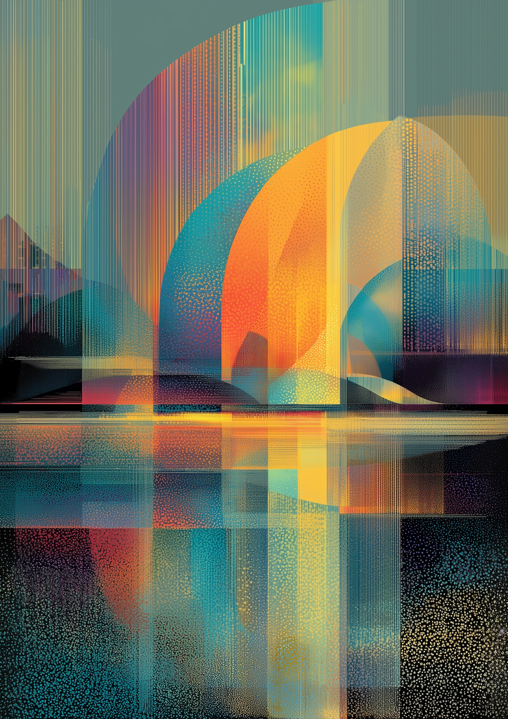 Abstrakte Bögen in Orange und Türkis mit Pixelraster und Spiegelung – digitaler Fine Art Kunstdruck