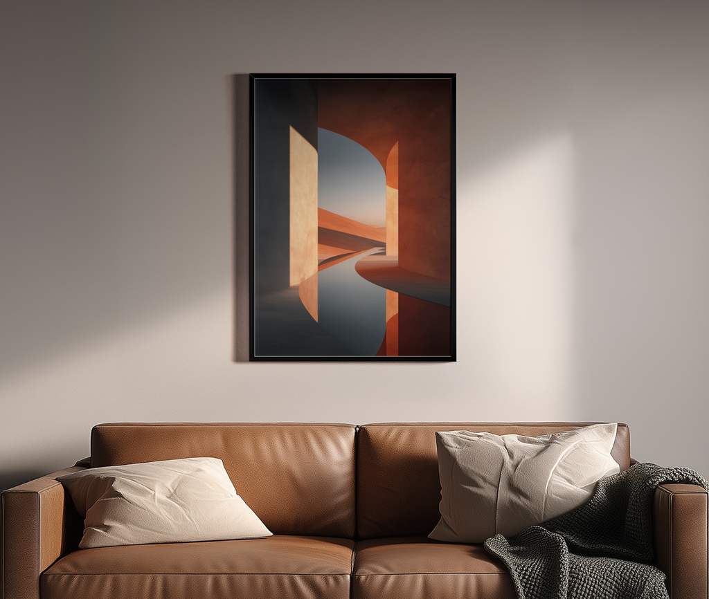 Terrakotta-Architektur mit Rundbogen und Wüstenlandschaft im Abendlicht – Wandbild über braunem Ledersofa