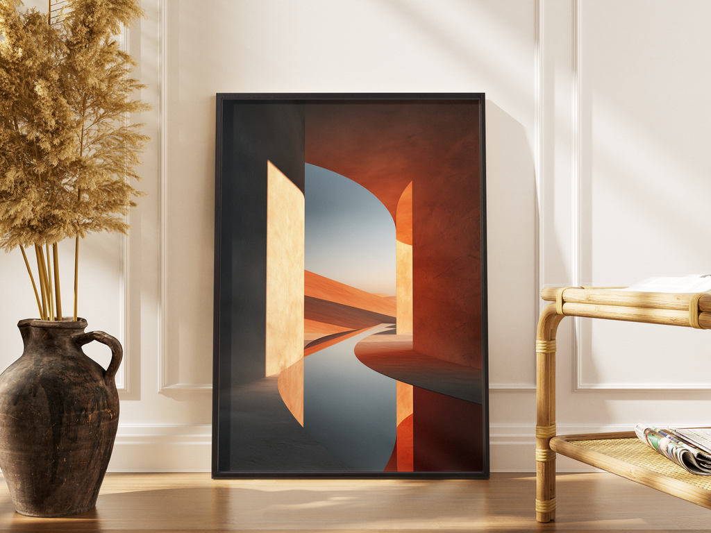 Terrakotta-Architektur mit Rundbogen und Wüstenlandschaft im Abendlicht – gerahmter Fine Art Kunstdruck kaufen