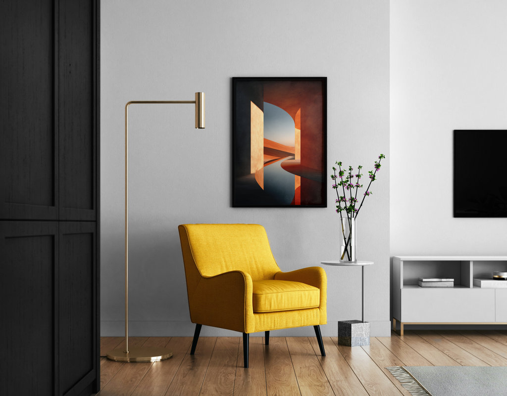 Terrakotta-Architektur mit Rundbogen und Wüstenlandschaft im Abendlicht – Fine Art Poster im modernen Wohnzimmer