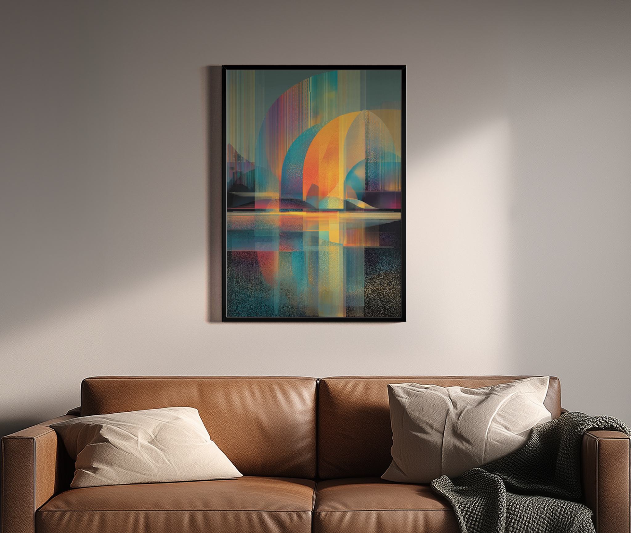 Abstrakte Bögen in Orange und Türkis mit Pixelraster und Spiegelung – Wandbild über braunem Ledersofa