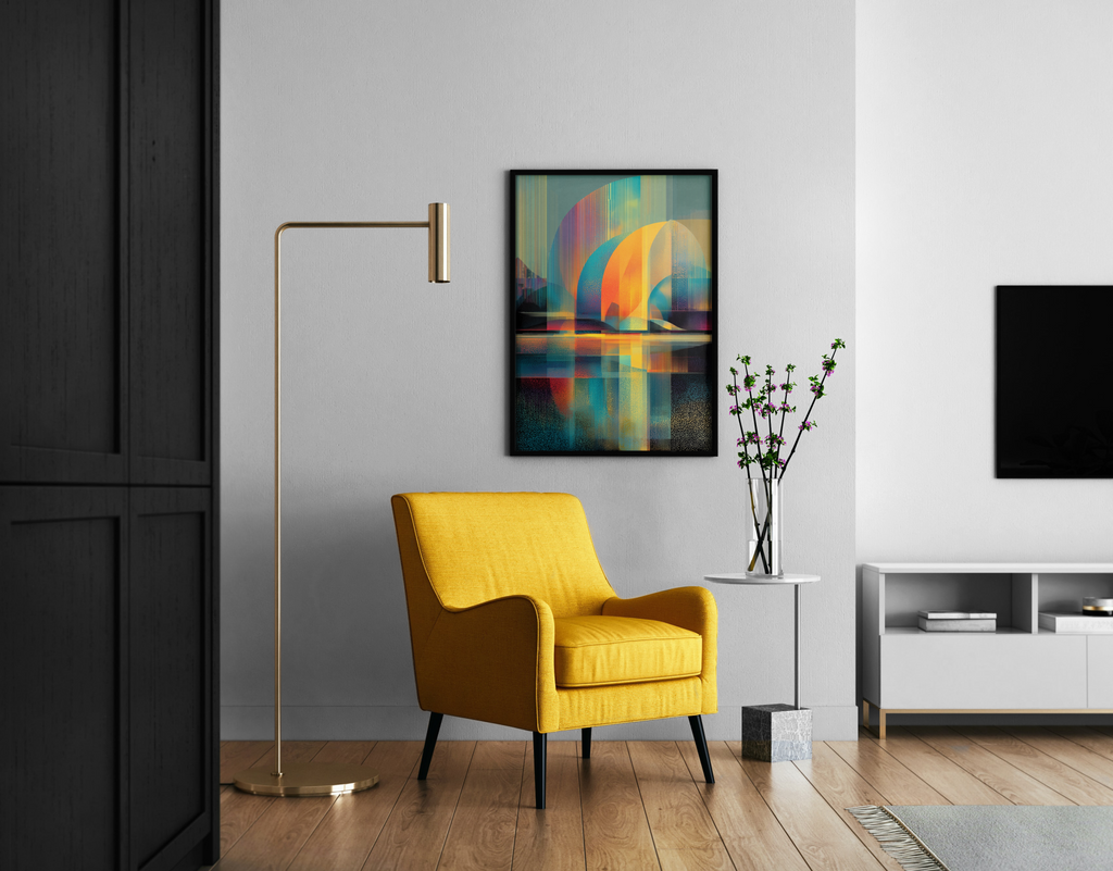 Abstrakte Bögen in Orange und Türkis mit Pixelraster und Spiegelung – digitaler Poster im modernen Wohnzimmer