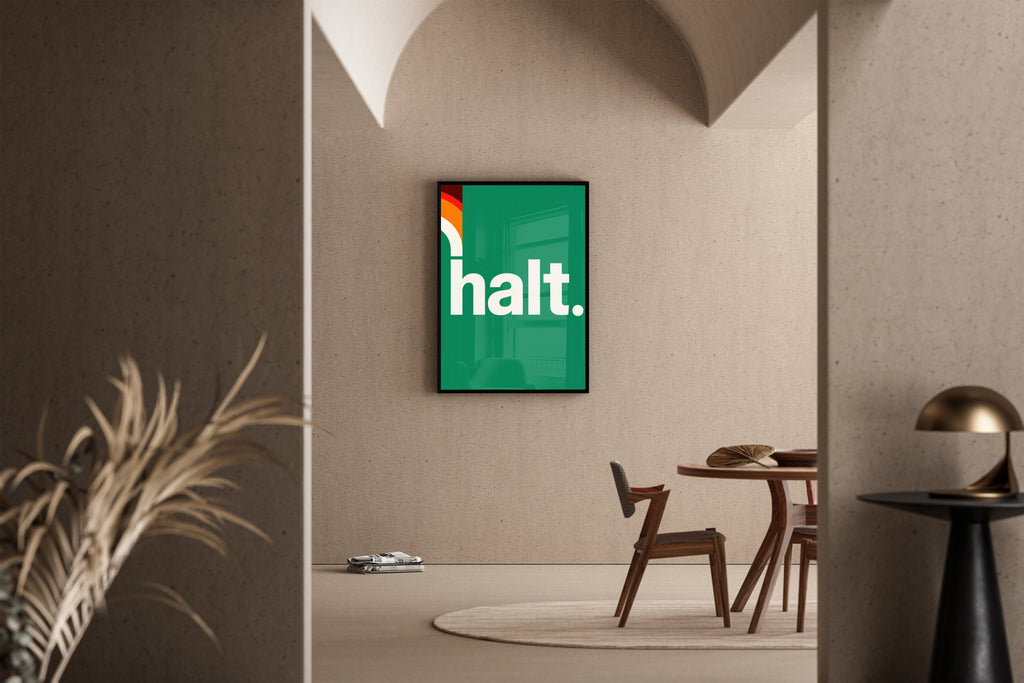 halt. – Groovy Schriftzug grün creme Vintage-Poster | Siebdruck-Stil – Poster im Esszimmer