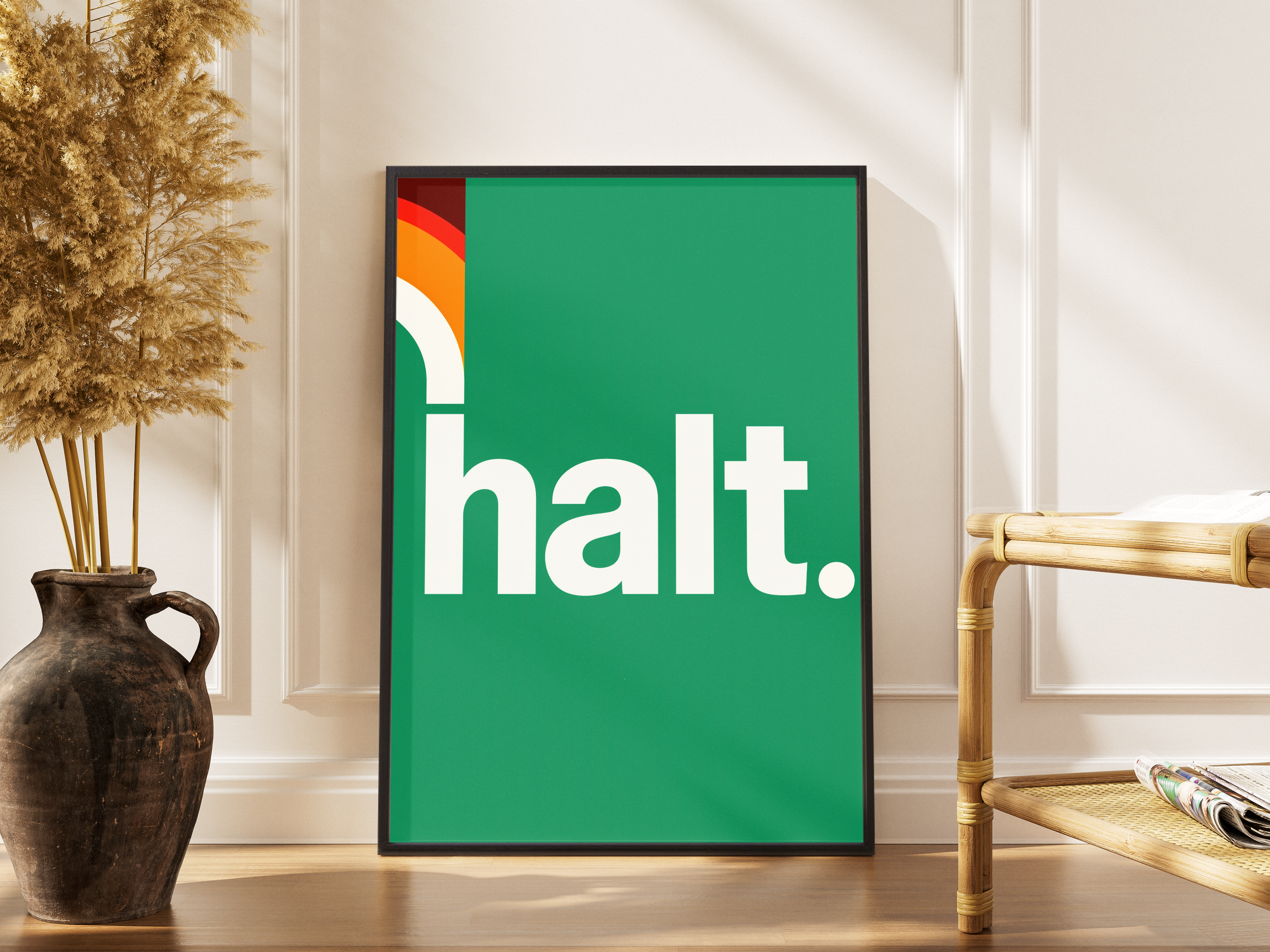 halt. – Retro-Typo Regenbogen grün creme Fine Art | Vintage-Poster-Druck – gerahmtes Poster kaufen