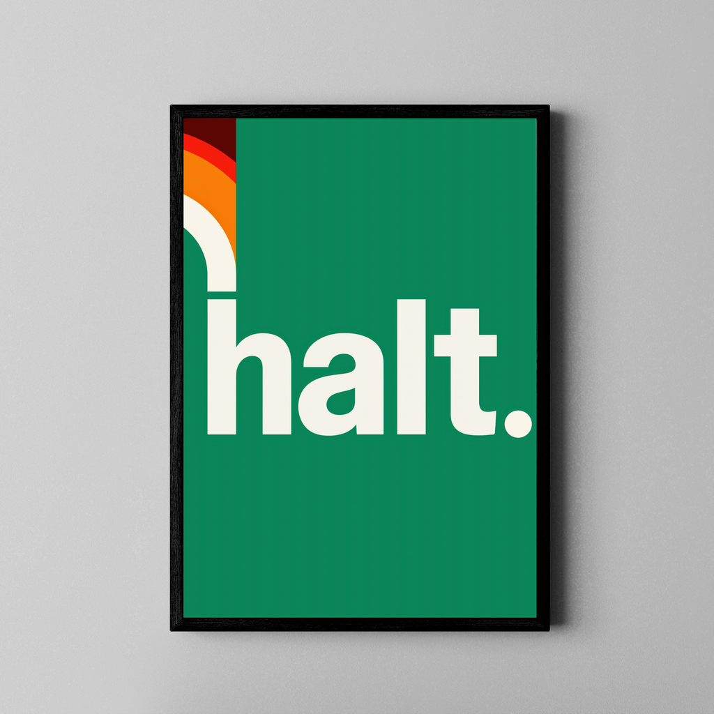 halt. – Statement-Lettering smaragdgrün creme 70s | Groovy-Art-Stil – Poster im schwarzen Rahmen