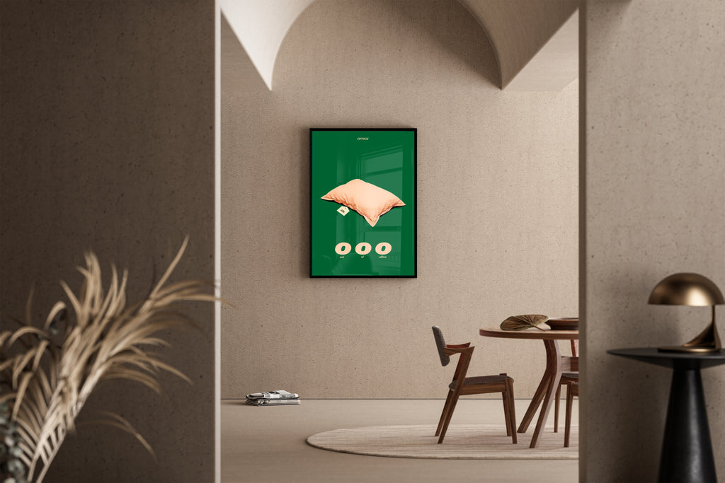 ooo – Humor-Poster Kissen Out of Office dunkelgrün minimalistisch | Concept-Art-Stil – Poster im Esszimmer