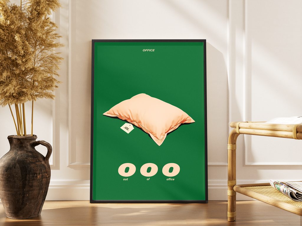 ooo – Out of Office Kissen-Poster grüner Grund lachsfarbenes Kissen | Humorvoller Plakatdruck – gerahmtes Poster kaufen