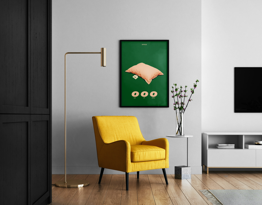ooo – Witziges Büro-Poster Kissen OOO-Schriftzug Grün und Lachs | Grafik-Design-Wandbild – Wandbild im modernen Wohnzimmer