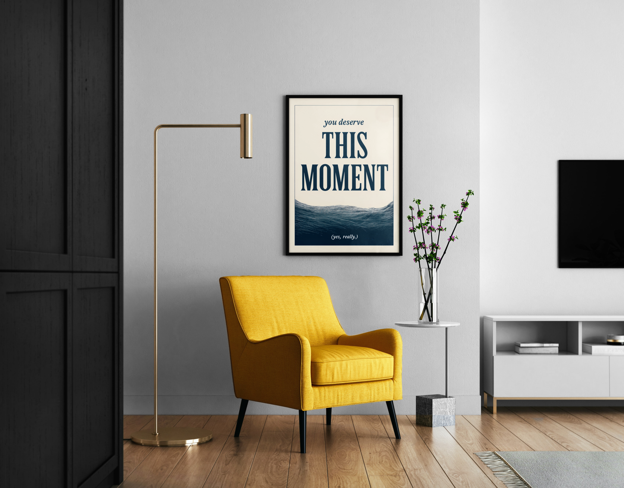 You Deserve This Moment – Typo-Wellen creme blau Wanddekoration | Radierung-Kunstdruck – Wandbild im modernen Wohnzimmer